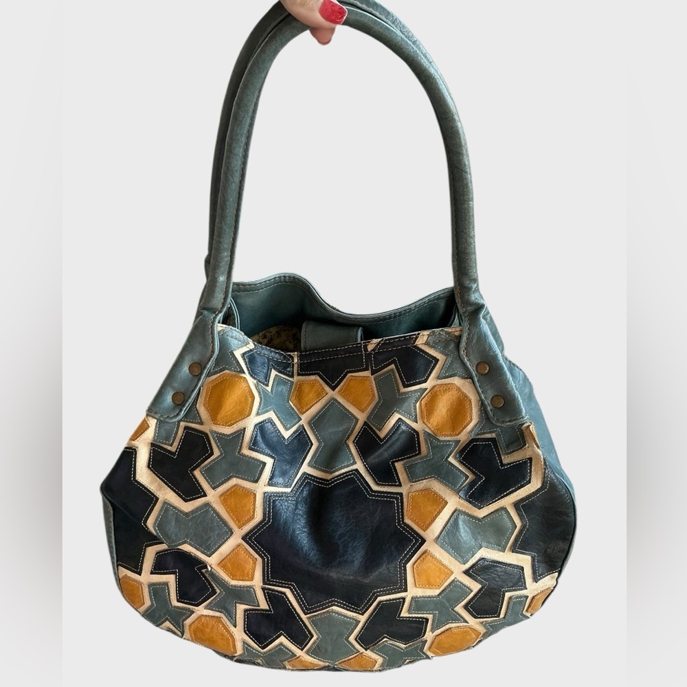 Stamp 10 Vegan Leather Denim Patchwork Shoulder Bag Blue Yellow Black Geometric